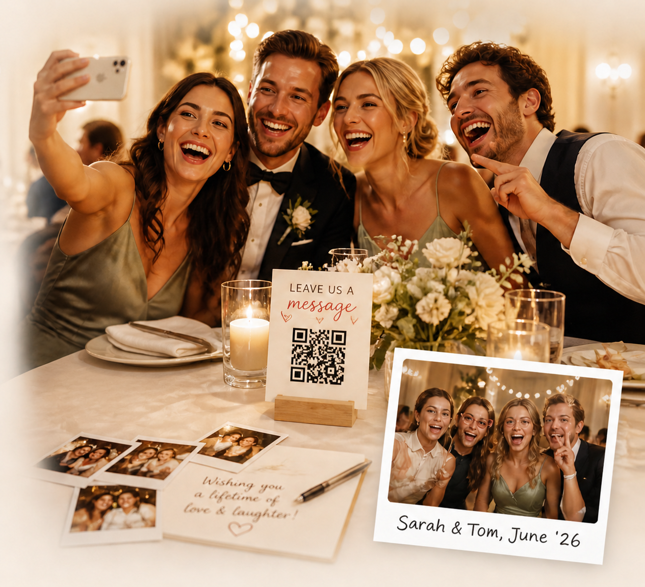 Vintage red rotary phone, polaroid photos and a QR table card on a candlelit table