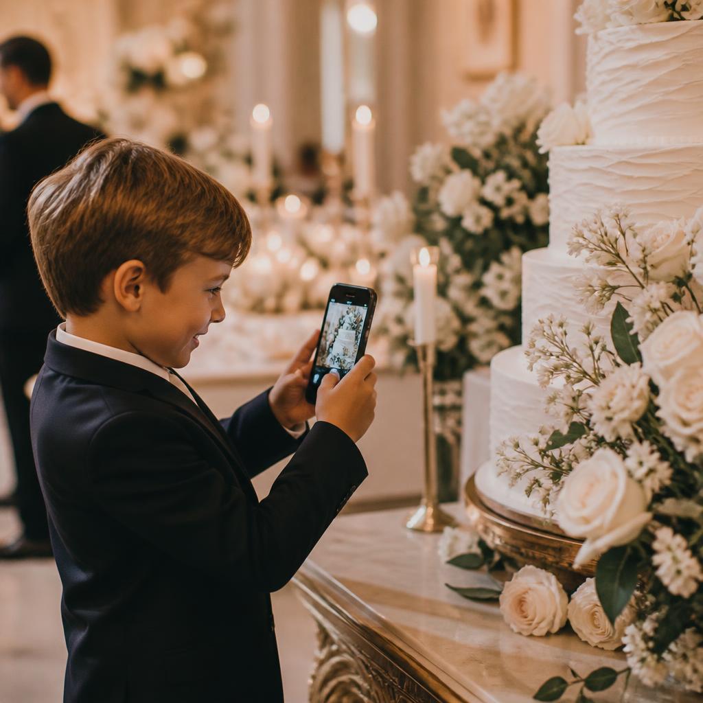 A young wedding guest photographing the wedding cake and flowers on a smartphone