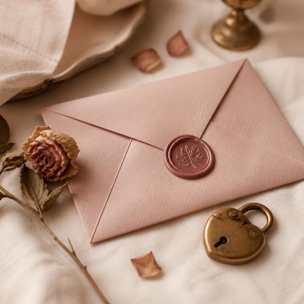 A sealed envelope with a wax seal and a small brass lock on cream linen